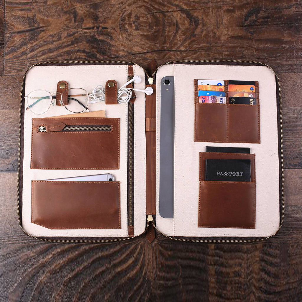 Large Personalized Leather Travel Wallet, Groomsmen Gift, iPad Pro Holder